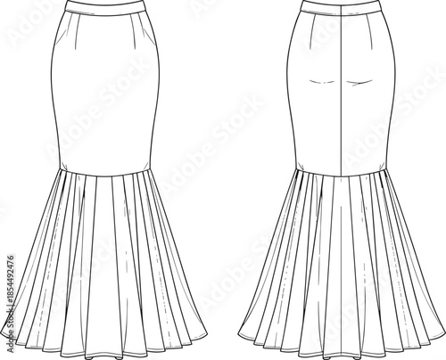 PrintTechnical Flat Sketch of Women's Mermaid Maxi Skirt with Pleated Hem, High Waistband, Front Pockets, and Back Zipper for Fashion Design