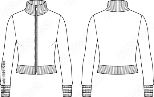 PrintWomen zipped track jacket technical sketch, long sleeve fleece bomber sweatshirt template, flat garment vector illustration, front and back views.