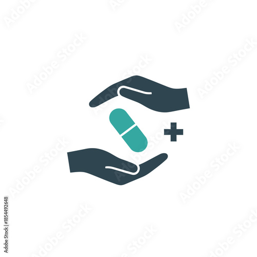 Caring hands silhouette holding a medicine capsule icon vector illustration