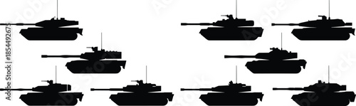 Modern military battle tank silhouettes, armored warfare vehicles, defense equipment illustration, army combat force concept, black armored tanks isolated, strategic ground combat power background