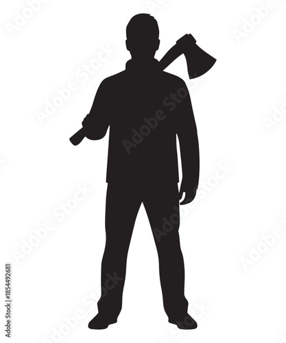 A silhouette illustration of a man standing and holding an axe over his shoulder