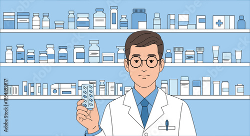 Friendly male pharmacist in a white lab coat holding a blister pack of pills while standing in front of shelves of medication.