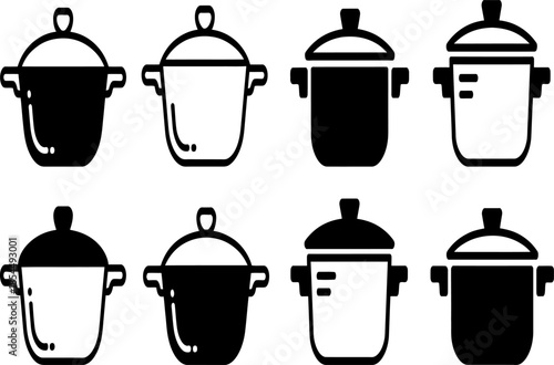 Collection of various black and white cooking pots and pans icons