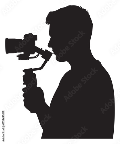 Silhouette of a professional videographer operating a camera on a gimbal stabilizer