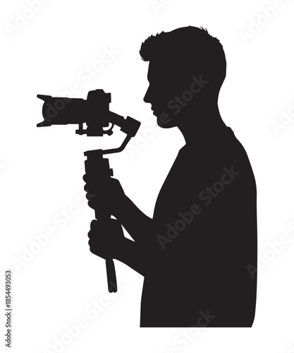 Silhouette of a filmmaker holding a camera gimbal stabilizer on a white background