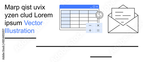 Business workflow, data management, accounting, financial planning, documentation, communication. Spreadsheet with calculator, envelope icon. Financial planning and accounting concept