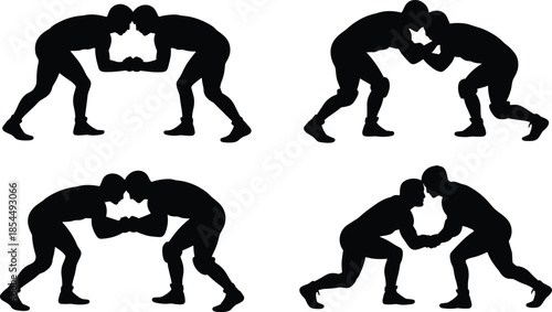 Wrestling silhouettes, athletes grappling positions, combat sport action poses, freestyle wrestling training concept, strength competition illustration, isolated black figures