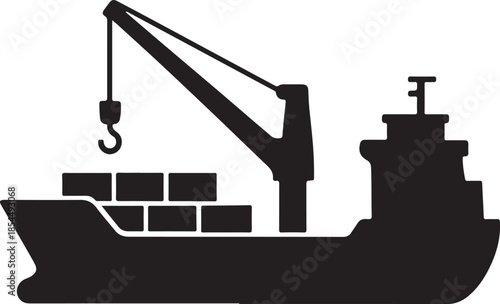 Cargo ship with crane and containers silhouette
