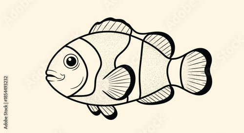 Hand-drawn illustration of a single clownfish with a stippled texture, representing tropical marine life and the ocean ecosystem.