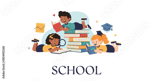 Diverse group of children in school uniforms happily reading books on a large stack, illustrating education and learning concept.