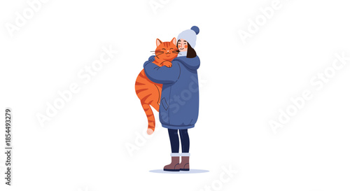 Person in a warm winter coat lovingly hugging a large, cute orange cat, illustrating the special bond between a pet and its owner.