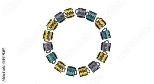 Circular frame or wreath made from colorful hand-drawn mugs, creating a decorative border for cafe menus or coffee-themed designs.