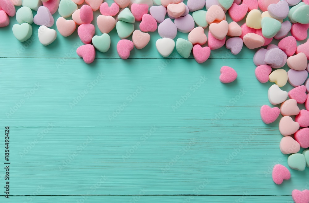 Obraz premium Pastel conversation candy hearts forming a border on a turquoise wooden background, providing ample copy space for messaging