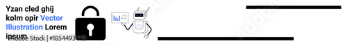 Data security, cybersecurity education, AI integration, digital privacy, hacking prevention, online encryption. Lock with a keyhole and AI robot holding data. Data security and AI integration concept