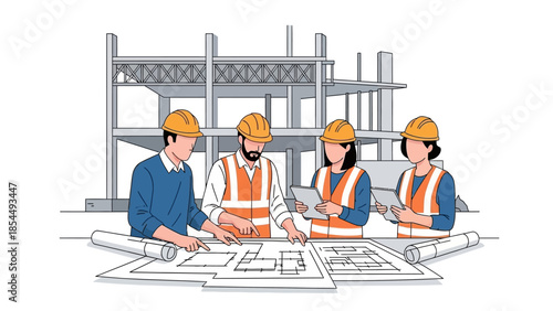 Construction Team Collaborating on Architectural Blueprints at Building Site - Engineers & Architects Planning Project