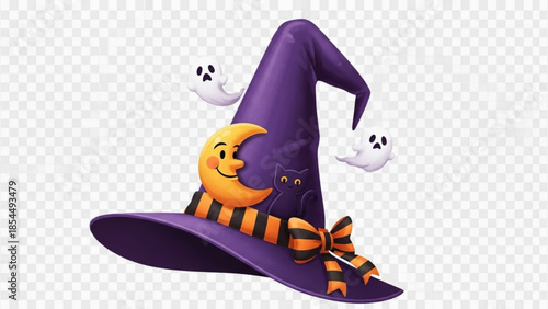 A purple witch hat adorned with a smiling yellow crescent moon, black and orange striped ribbon, and a bow, surrounded by two white ghosts on a transparent background