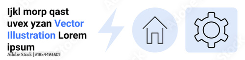 Home symbol and gear icon separated by a lightning bolt on a clean backdrop. Ideal for technology, configuration, home automation, energy, innovation, repair, and a simple landing page