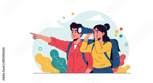 A couple of travelers with backpacks, where the woman looks through binoculars and the man points, symbolizing adventure and discovery.