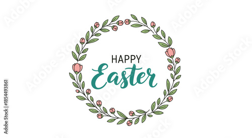 Happy Easter handwritten calligraphy inside a beautiful circular wreath of hand-drawn pink flower buds and green leaves for greeting cards.