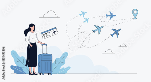 A woman with a suitcase and an airline ticket planning her travel, with airplanes flying towards a map pin destination marker.
