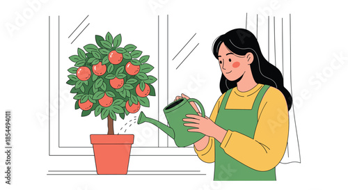 A happy young woman in an apron watering a small potted orange tree by a window, representing gardening and plant care.