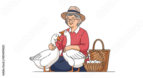 A lovely elderly woman farmer petting two white geese, with a wicker basket full of fresh eggs next to her.
