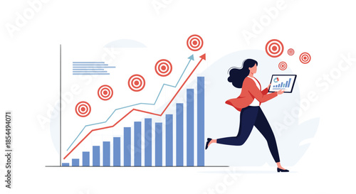 A businesswoman runs with a tablet towards her goals, shown as targets, alongside a rising bar chart representing career growth.
