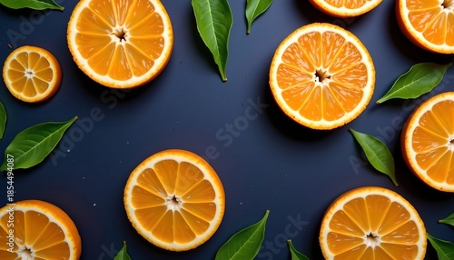 Vivid Citrus Halves and Green Leaves Dark Background