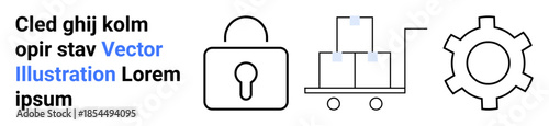Lock symbolizing security, gear representing process optimization, and cart with boxes for logistics and delivery. Ideal for business, supply chain, efficiency, technology, security, logistics