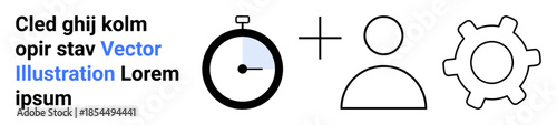Time management, productivity, workflow optimization, teamwork, process planning, efficiency. A stopwatch, person icon and gear graphic. Time management and productivity concept