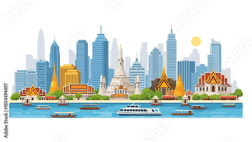 Vibrant Bangkok City Skyline Illustration: Iconic Temples, Modern Skyscrapers, and Chao Phraya River Boats