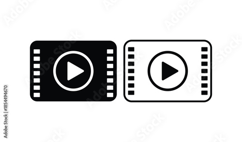 Film Strip Video Play Button Icons Set, Black and White Multimedia Player Symbols for UI Design