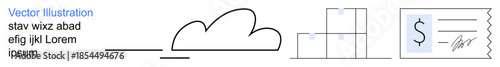 Cloud storage, logistics, supply chain, financial transactions, technology, economic exchange. Minimalist line art of a cloud, stacked boxes and a payment receipt. Cloud storage and logistics