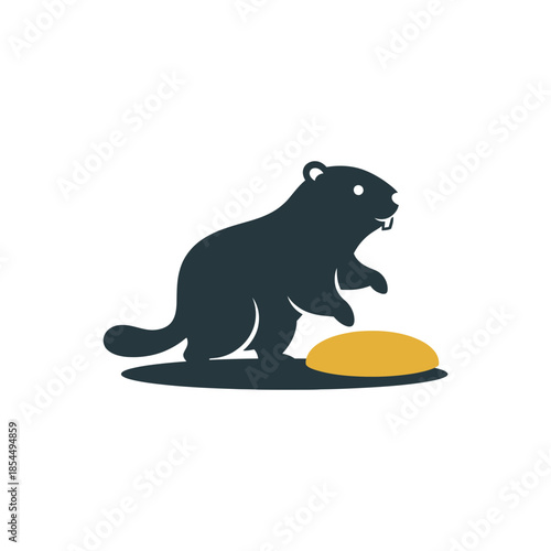 Groundhog day shadow icon with groundhog curled beside lantern oval vector illustration