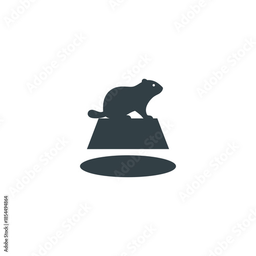 Groundhog day shadow icon with groundhog and sunrise disk behind hill vector illustration