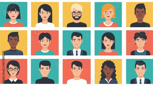 Diverse group of people represented by flat avatars in a grid.