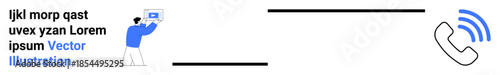 Individual using a tablet device next to a phone call icon linked by a connecting line. Ideal for communication, technology, digital networking, customer service, remote support, telecommunication