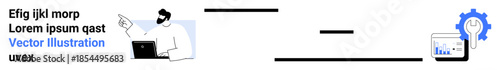 Workflow automation, project management, business strategy, data analysis, technology, productivity. Person working with a laptop and analytics gear icon. Workflow automation and project management