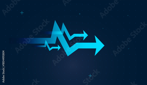 Gradient arrows suggests accelerating performance. The dark digital grid background evokes modern analytics dashboards, vector illustration