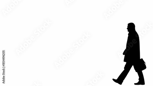 Silhouette of a businessman walking with a briefcase against a white background.