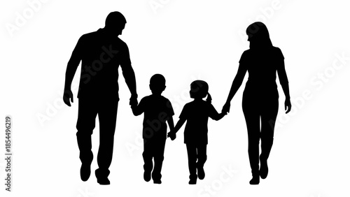 Silhouette of a family walking together holding hands.