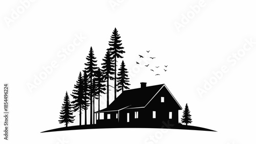 Silhouette of a cabin nestled among tall pine trees with birds flying overhead.