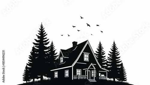 Silhouette of a charming house nestled amongst tall pine trees.