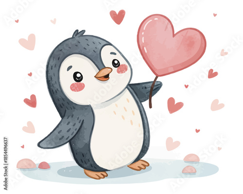 Cute Penguin with Heart Watercolor Valentine Character vector illustration isolated on white background