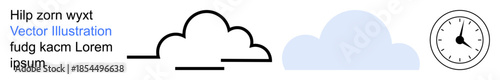 Time management, weather forecasting, data processing, cloud storage, scheduling, digital transformation. Two clouds one outlined, the other colored next to a clock. Time management and weather