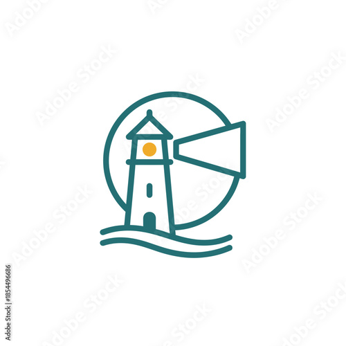 Sunrise art minimal line art bold outline lighthouse sunrise with beam wedge vector illustration