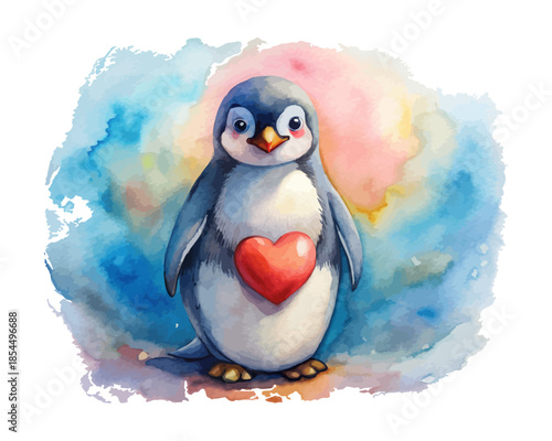 Cute Penguin with Heart Watercolor Illustration  Valentine Character Isolated