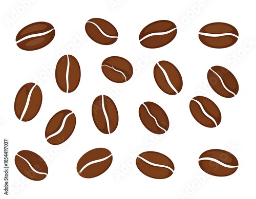 Cartoon coffee beans scattered on a pure white background