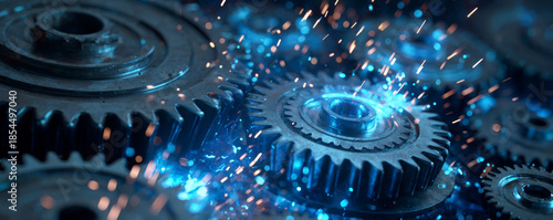 Metal gear mechanism with sparks flying during welding process, close up of industrial machinery parts working with bright blue light