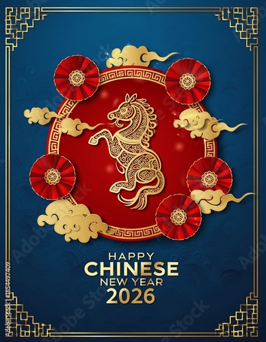 Happy Chinese New Year 2026 greeting card with golden horse, clouds, and traditional blue and red design.